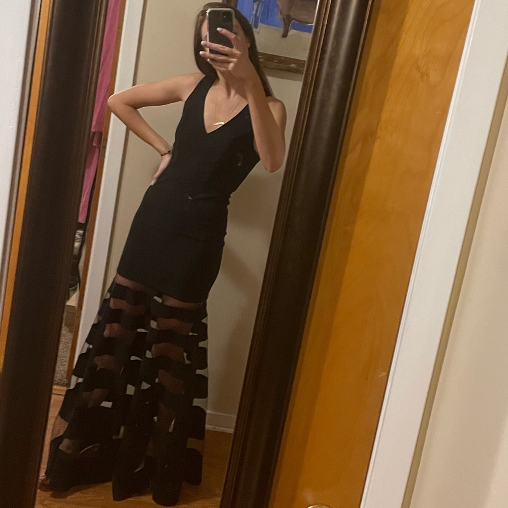 Formal Long Black Dress with See Through Bottom Mesh Lines